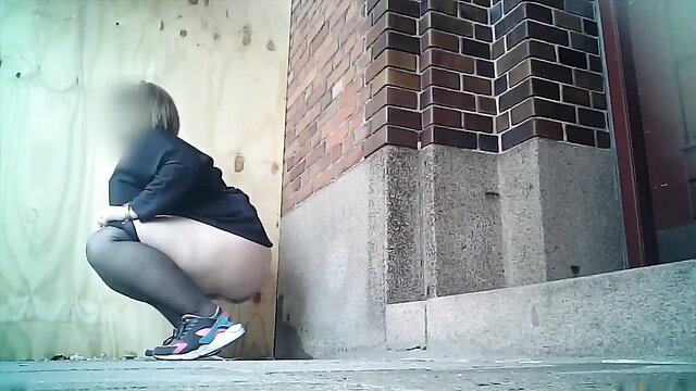Chubby amateur girl squatting outdoors to piss, upskirt no panties