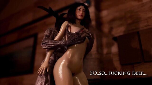 Horny Asian girl double penetrated so fucking deep by humanoid moose monsters