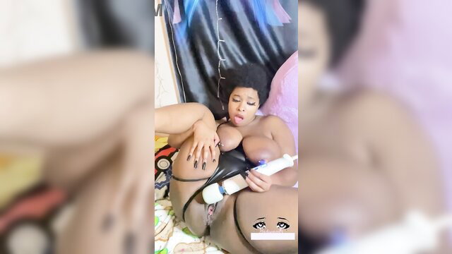 Black BBW with huge tits squirts with vibrator in solo play