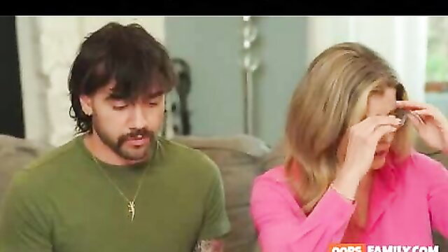 Hot stepmom with big tits cries while man grabs her on couch