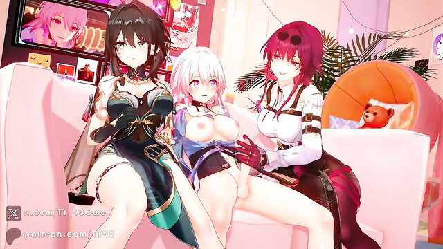 Kafka, Ruan Mei & March 7th hentai threesome on couch exposing tits and pussies