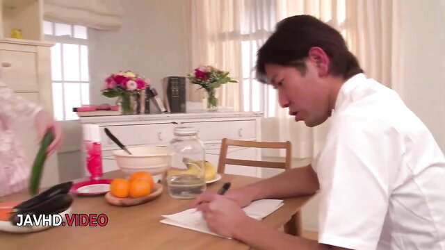 Chihiro Akino in Jav HD kitchen scene with chef uniform