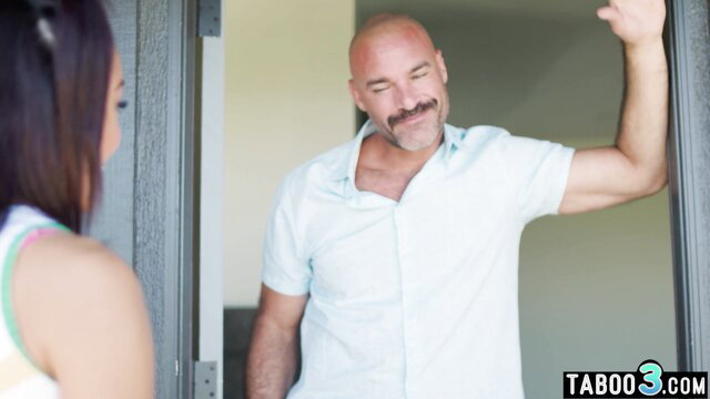 Ebony teen greets BF's bald dad with mustache at door