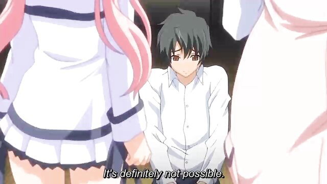 Anime JAV threesome with pink-haired girls flanking embarrassed gray-haired boy