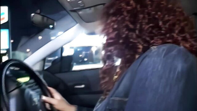 Nataly Gold with red curls driving car at night, hot ass fuck star