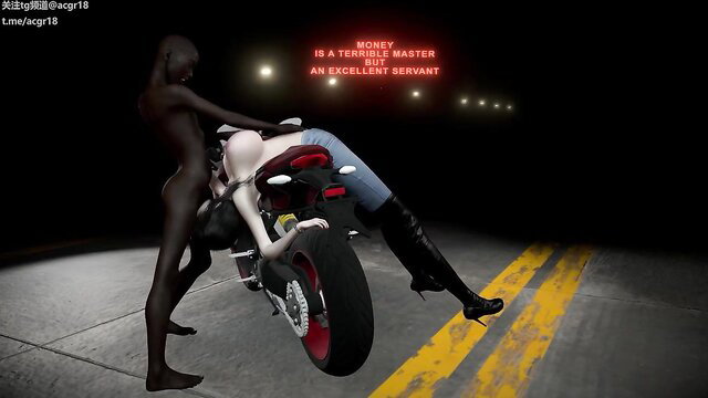 Hot 3D ebony babe rides motorcycle with sexy white chick in erotic pose