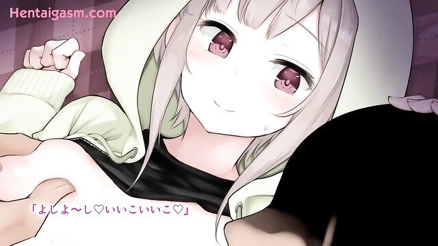 Cute silver-haired anime girl in hoodie smiles blushing for tittyfuck in new 2023 hentai