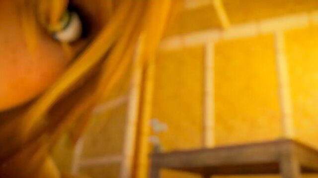 Giantess close-up green eye with blonde hair in vore fetish animation