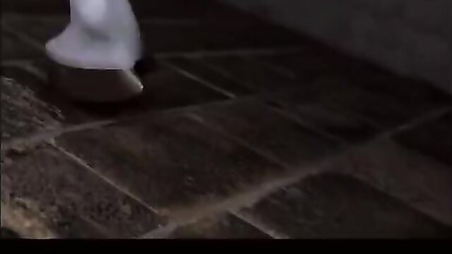 Animated toon woman in white dress with hooves walking on tiles