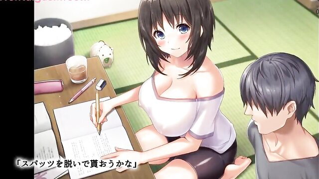 Busty black-haired hentai girl tutors guy in tight top and skirt