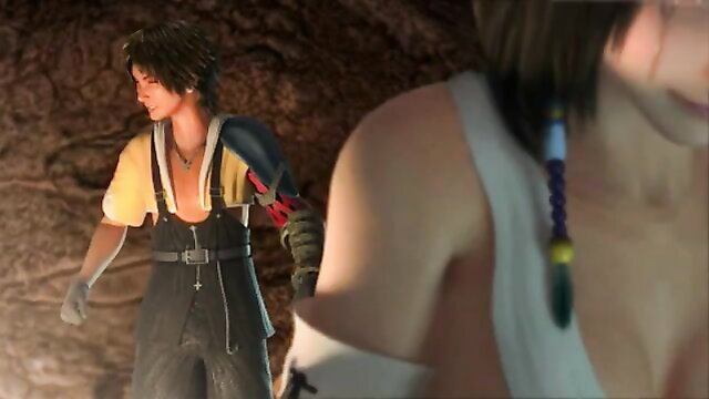 Yuna 3D Final Fantasy cosplay tease with male partner, sexy cleavage