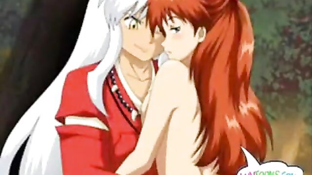 Anime hentai couple: white-haired man embraces nude redhead girl intimately