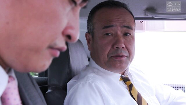 Asian boss and young subordinate in tense car stare, JAV adultery tease