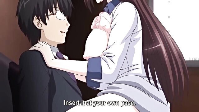 Hentai couple in intimate embrace, girl says 'Insert it at your own pace'