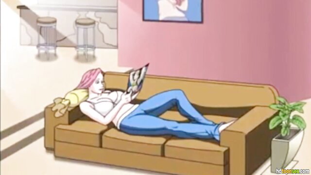 Pink haired big tits MILF lounging on sofa reading magazine