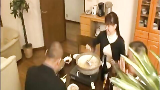 Japanese wife and sister serve hot pot to bald husband at home dinner