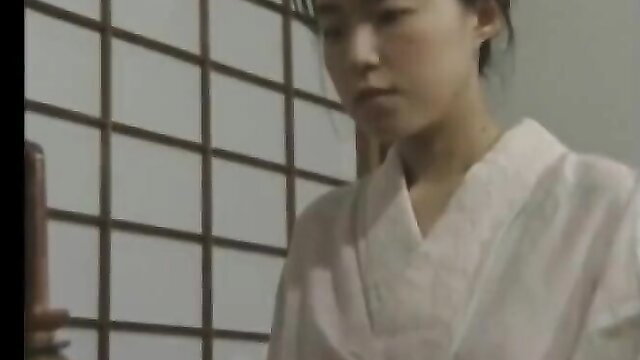 Japanese woman in white kimono, shy expression, JAV softcore tease