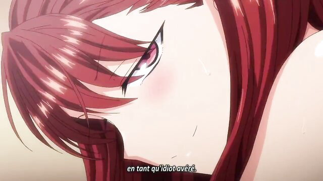 Redhead anime hentai girl with intense red eyes and blush closeup