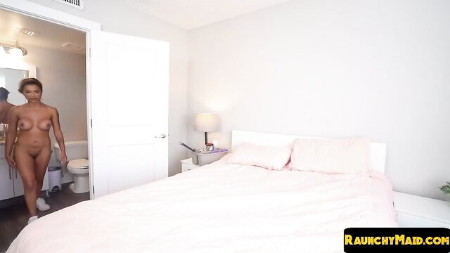 Nude busty black maid walking naked after cleaning