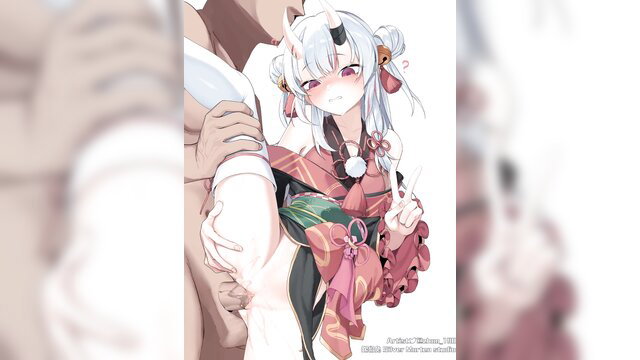 Nakiri Ayame hentai girl with white hair held by hand on big tits closeup