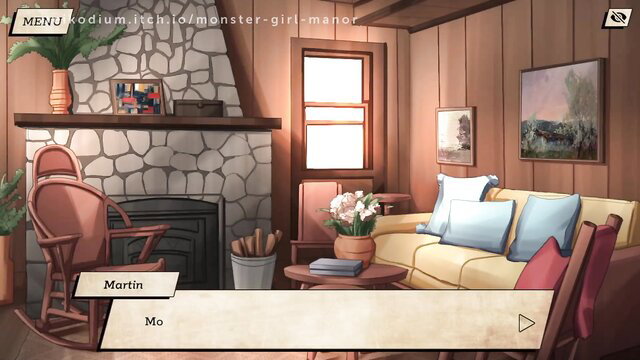 Monster Girl Manor cozy room menu screen with Martin text box