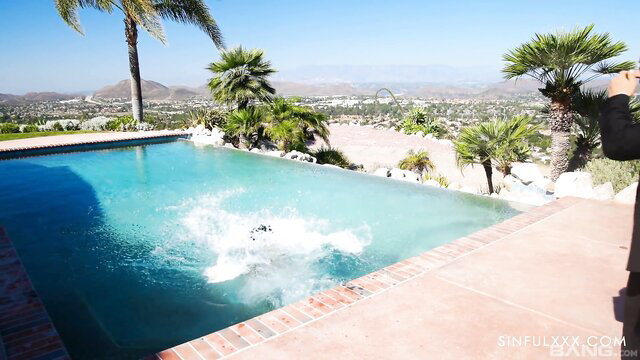 Nicole Kitt splashing nude into infinity pool at luxury hilltop villa