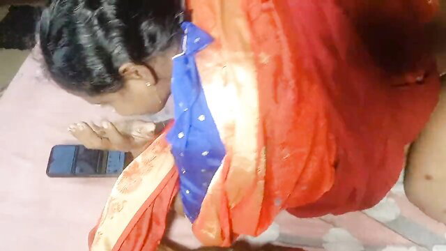 Beautiful Bangladeshi village bhabhi in saree on bed, sexy cleavage view