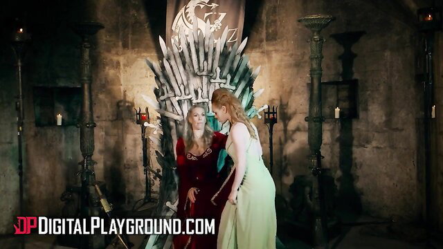 Rebecca More in red dress on Iron Throne with hot blonde, wild gangbang tease