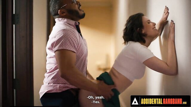 Casey Calvert bent over wall fucked by black guy in hot standing doggy