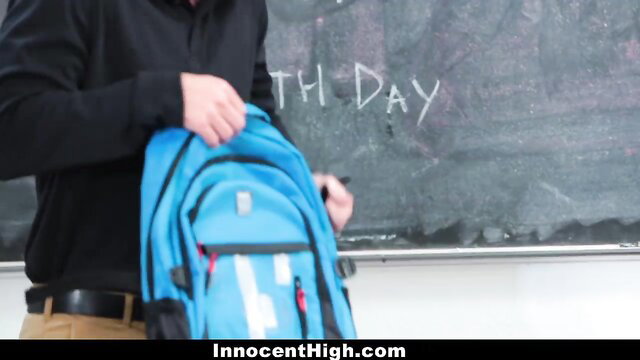 Mercedes Carrera busty teacher holds backpack by birthday chalkboard