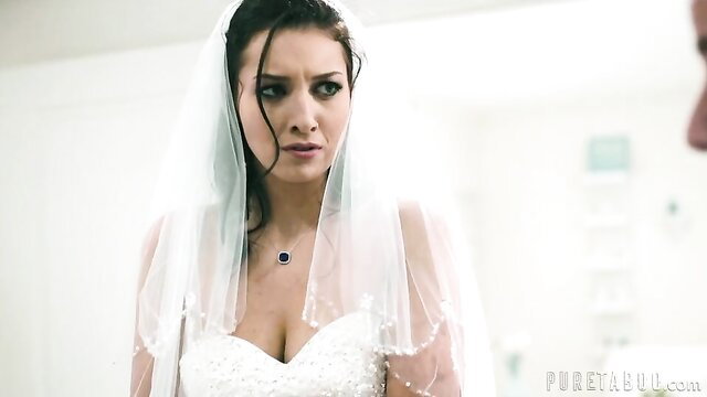 Brunette bride in white wedding dress looking worried, Pure Taboo