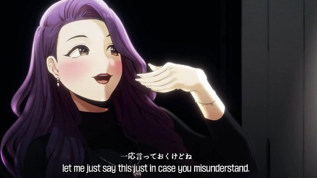 Purple-haired Japanese milf aunt in black turtleneck smiles seductively