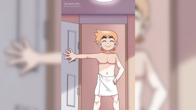 Blonde anime twink in towel poses nude at door, smiling playfully