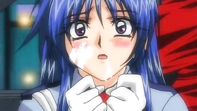 Blue-haired anime hentai girl with ahegao face taking facial cumshot