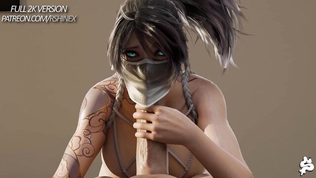 Akali cosplay ninja babe deepthroating huge cock closeup