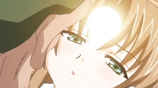 Blonde magical girl closeup with glowing eyes in hentai scene