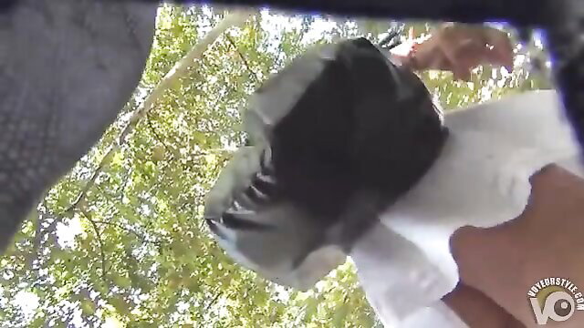 Best upskirt POV shot of hot babe's white panties in outdoors