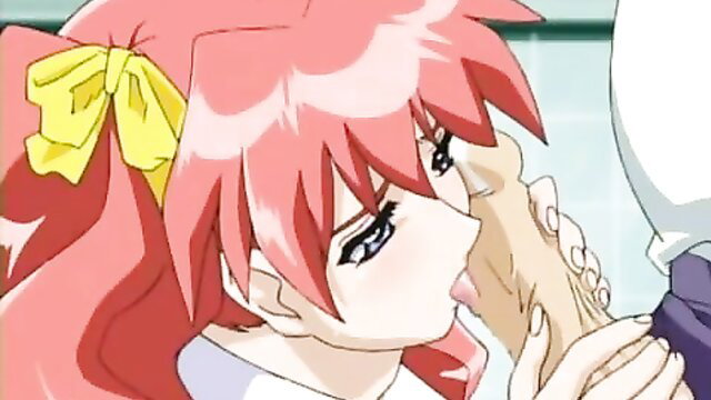 Anime pink-haired schoolgirl with ribbon giving sloppy blowjob closeup