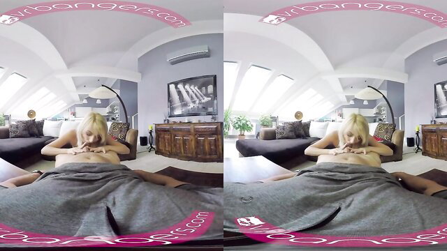 Katy Rose blonde bombshell nude under blanket in stockings VR porn