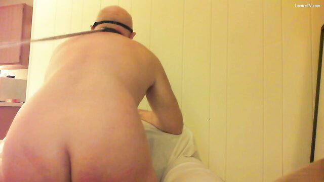 Bald dom caning naked sissy slut's ass in BDSM punishment