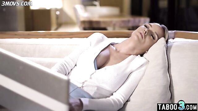 Pristine Edge skinny MILF stepmom sleeping in white cardigan cleavage