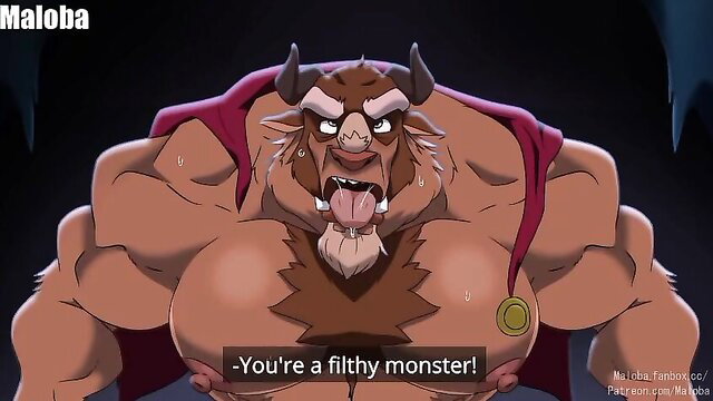 Muscular anthro Beast growling shirtless, furry fantasy hunk closeup