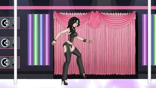 Sexy Asian goth babe in leather lingerie dances on neon stage