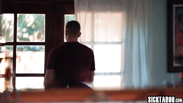 Kenna James back view by sunlit window in hot 3some tease