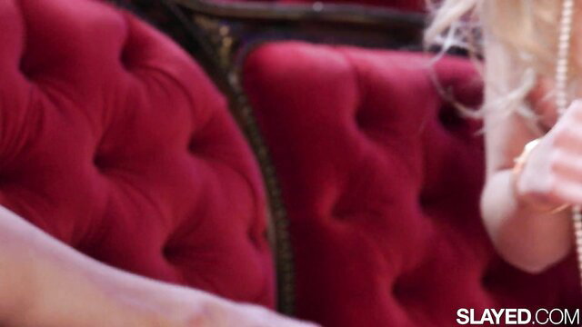 Blonde babes Avery Cristy and Kenzie Anne in pearl necklaces on red velvet