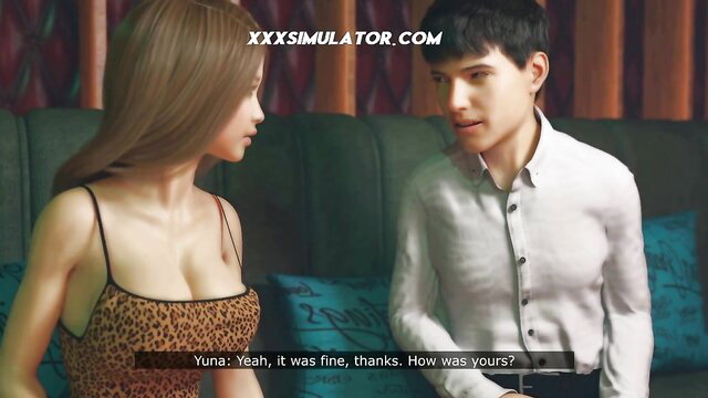 Asian Yuna in leopard dress chats with guy on couch, sexy cleavage tease