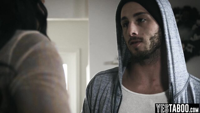 Ebony beauty in lingerie faces ex-BF in hoodie for interracial sex