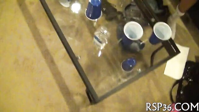 2 teenage couples shag on glass table party