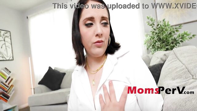 Hot brunette MILF in white blouse hand on chest, caught jerking preview