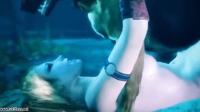 3D Harley Quinn blonde attacked by green beast underwater nude